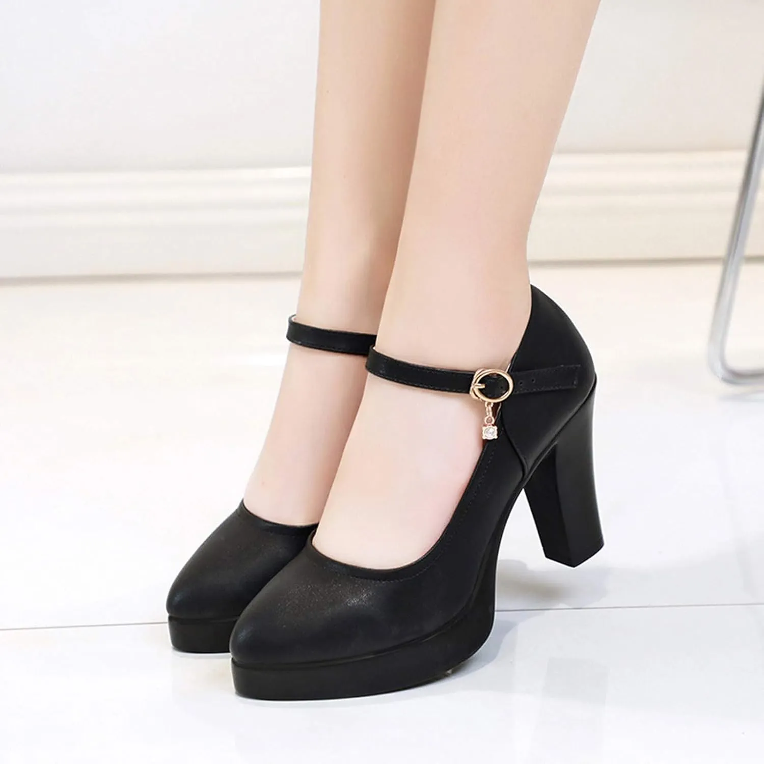 Aniywn Women's Closed Toe Ankle Buckle Strap Chunky Block Heel Mary Jane Shoes Vintage Round Toe Mary Jane Dress Pumps