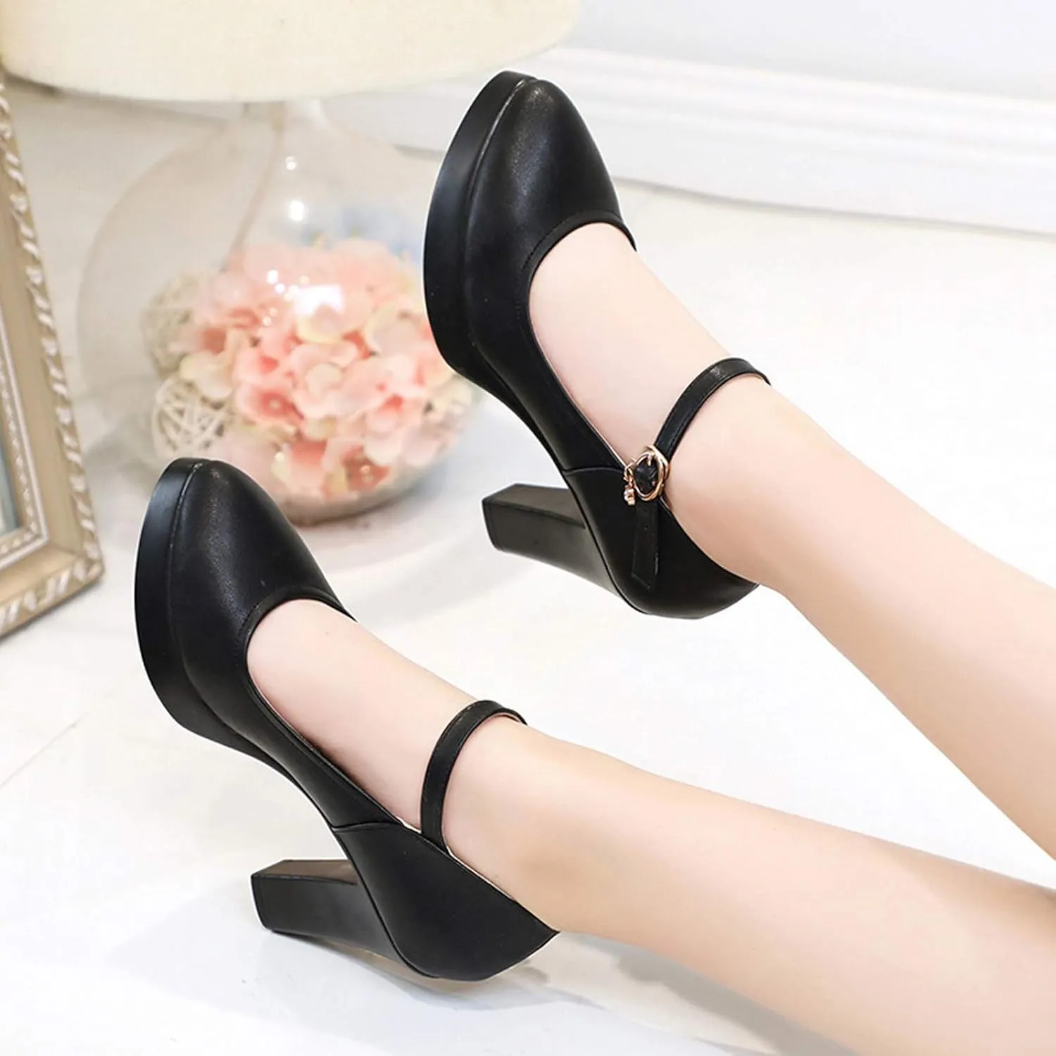 Aniywn Women's Closed Toe Ankle Buckle Strap Chunky Block Heel Mary Jane Shoes Vintage Round Toe Mary Jane Dress Pumps