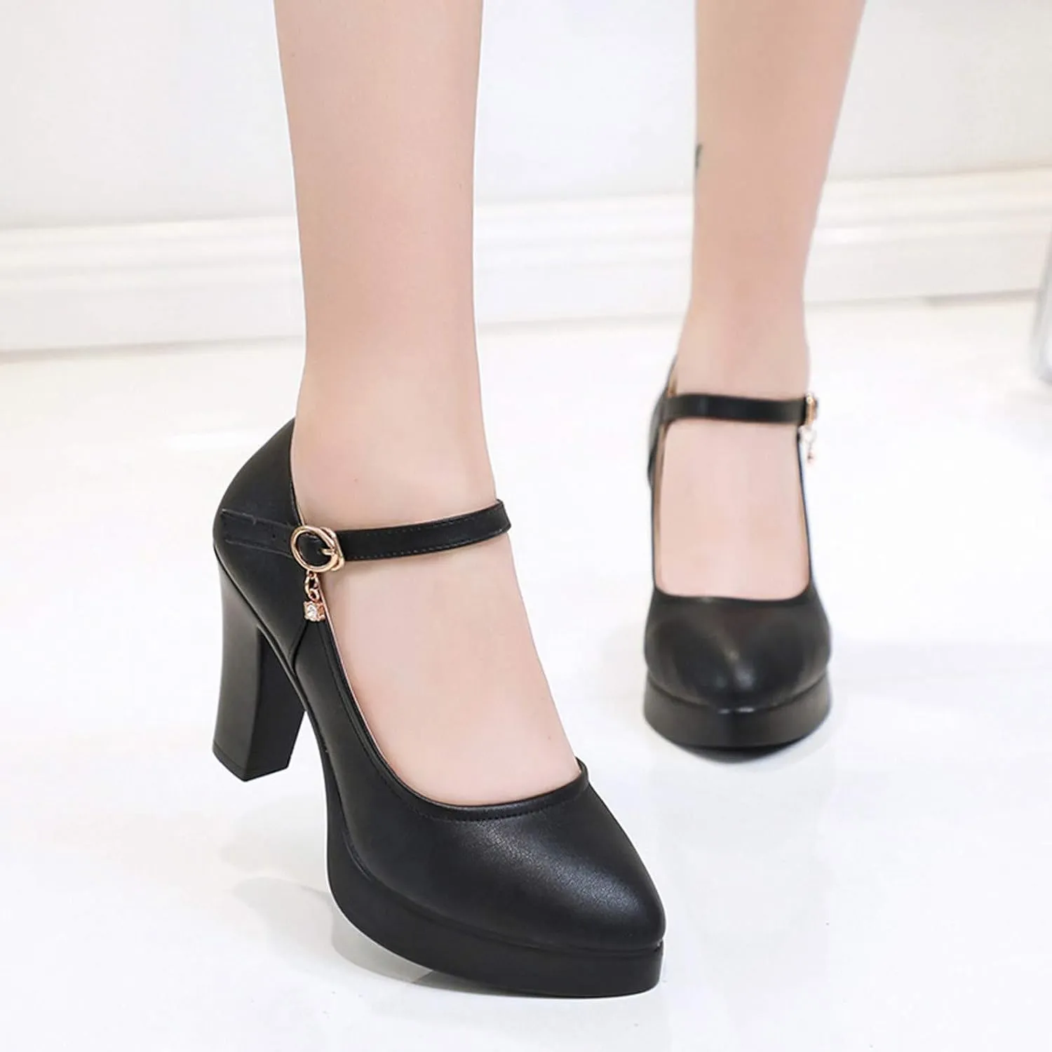 Aniywn Women's Closed Toe Ankle Buckle Strap Chunky Block Heel Mary Jane Shoes Vintage Round Toe Mary Jane Dress Pumps