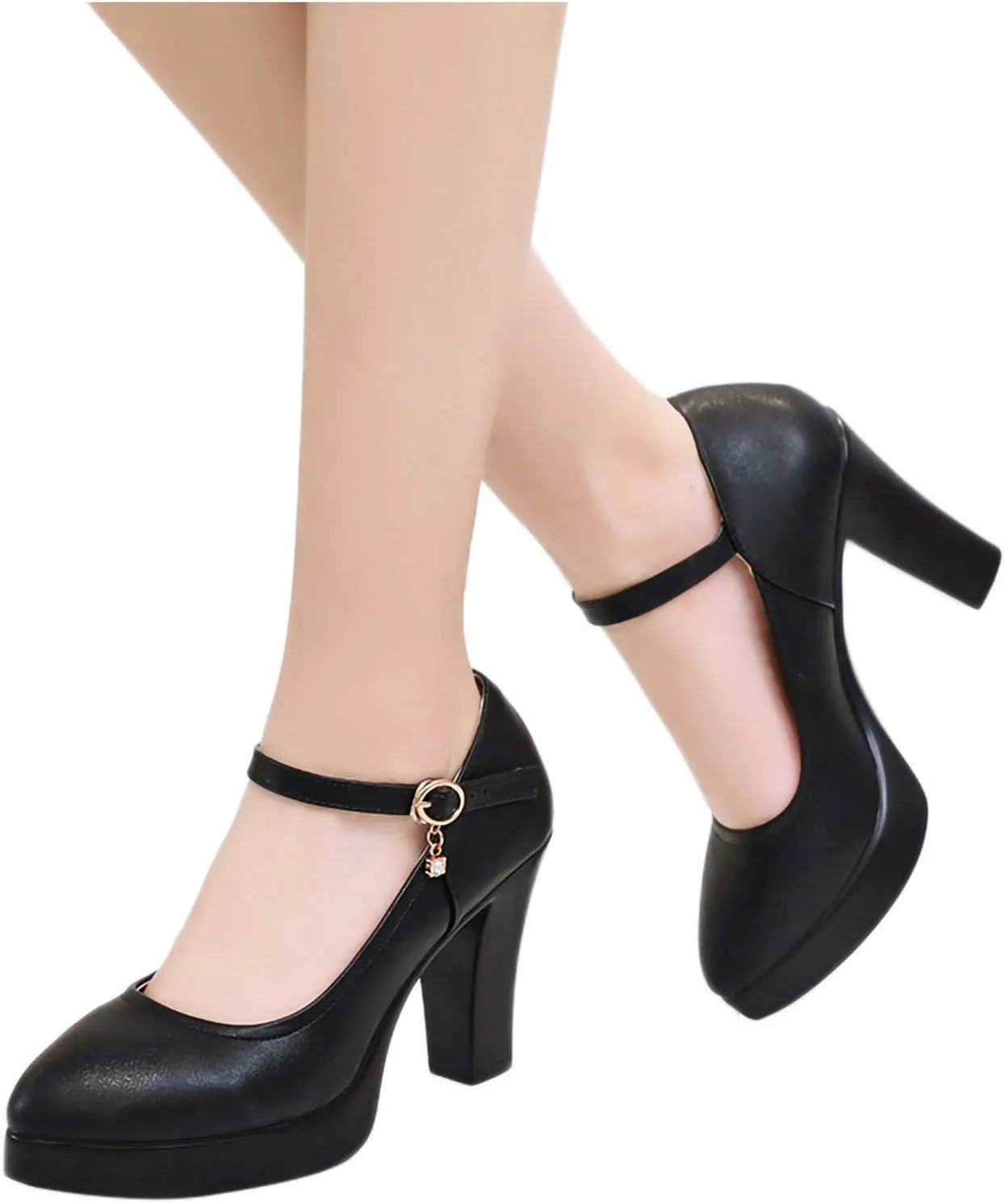 Aniywn Women's Closed Toe Ankle Buckle Strap Chunky Block Heel Mary Jane Shoes Vintage Round Toe Mary Jane Dress Pumps