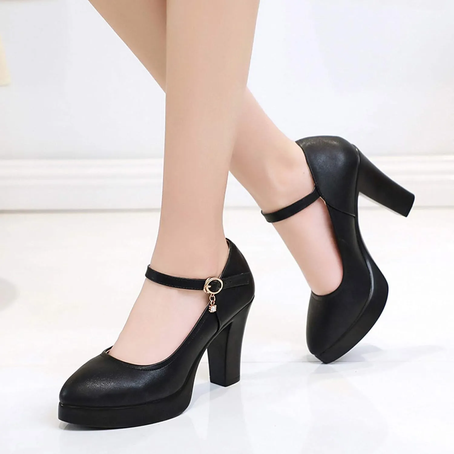 Aniywn Women's Closed Toe Ankle Buckle Strap Chunky Block Heel Mary Jane Shoes Vintage Round Toe Mary Jane Dress Pumps