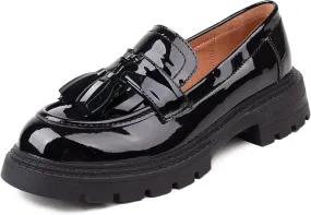 British Style Women's Fashion Loafers, Patent Leather Tassel Loafers, Black Thick-Soled Loafers, Slip-on Thick-Soled Loafers, Simple Casual Flat Shoes, Plus Size Shoes.