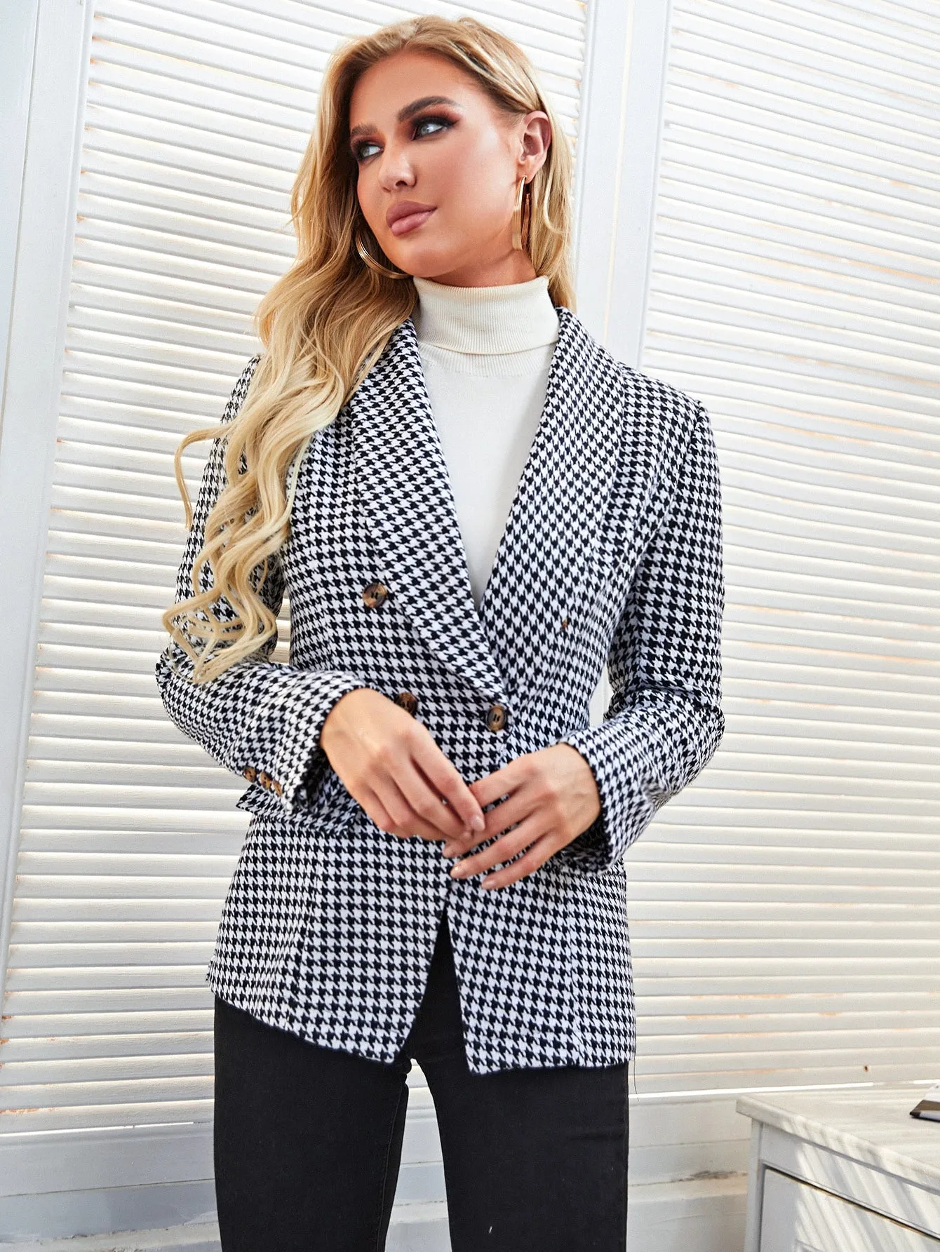 Elegant Houndstooth Button Front Long Sleeve Shawl Collar Regular Women Blazer