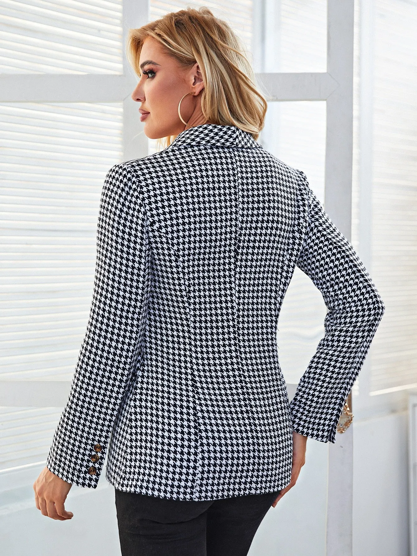 Elegant Houndstooth Button Front Long Sleeve Shawl Collar Regular Women Blazer
