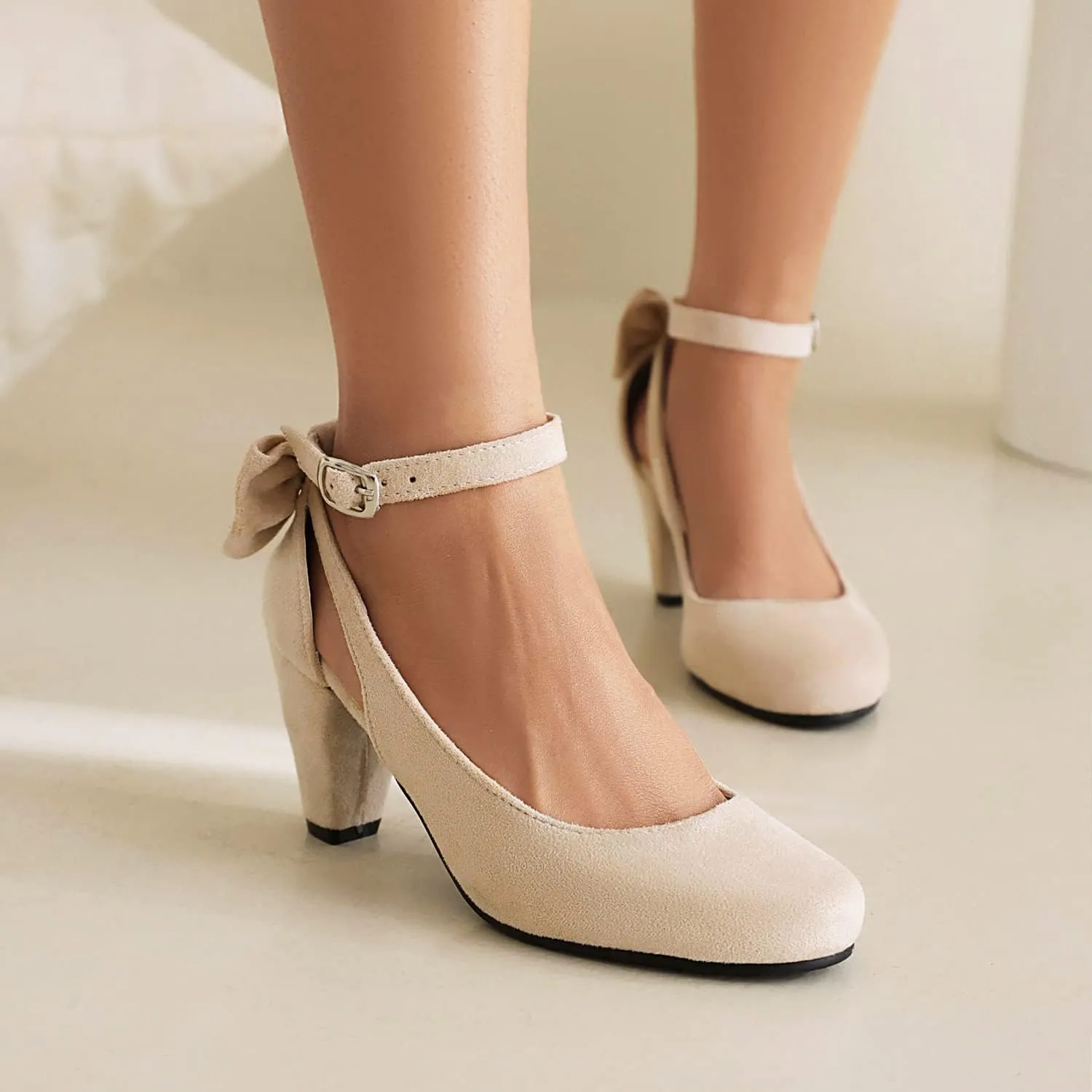 Elerhythm Women's Mary Jane Bow Closed Toe Vintage Pumps Heels Gatsby Victorian 1920s Dresses Faux Suede Shoes