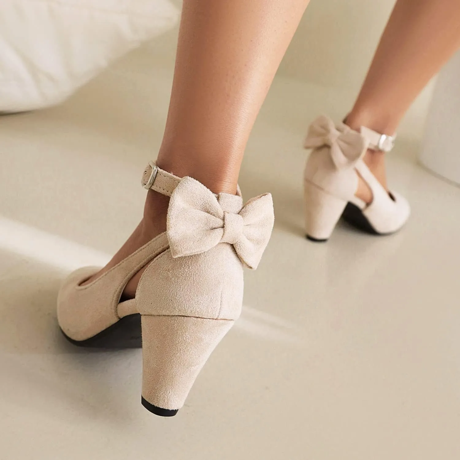 Elerhythm Women's Mary Jane Bow Closed Toe Vintage Pumps Heels Gatsby Victorian 1920s Dresses Faux Suede Shoes
