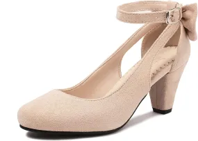 Elerhythm Women's Mary Jane Bow Closed Toe Vintage Pumps Heels Gatsby Victorian 1920s Dresses Faux Suede Shoes