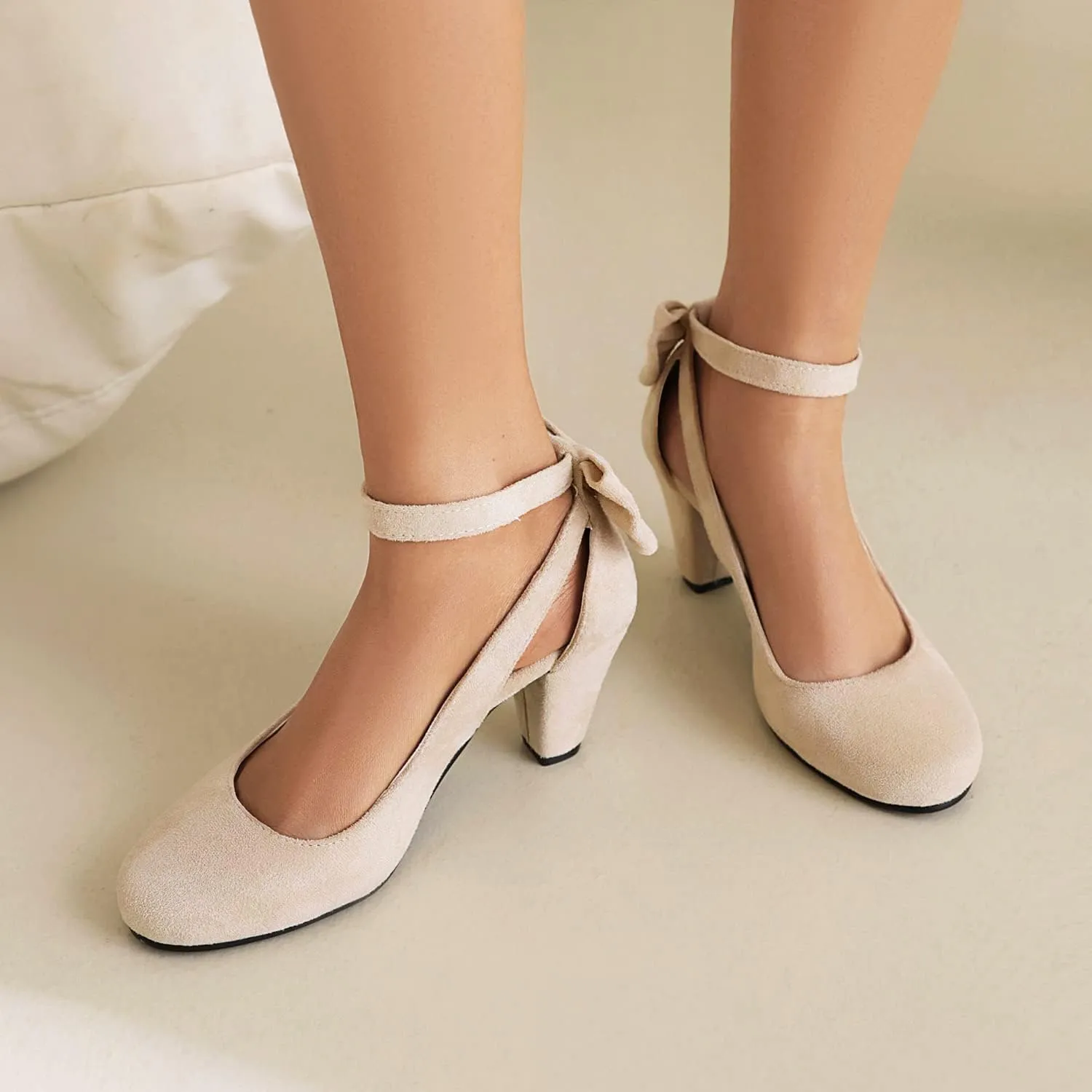 Elerhythm Women's Mary Jane Bow Closed Toe Vintage Pumps Heels Gatsby Victorian 1920s Dresses Faux Suede Shoes