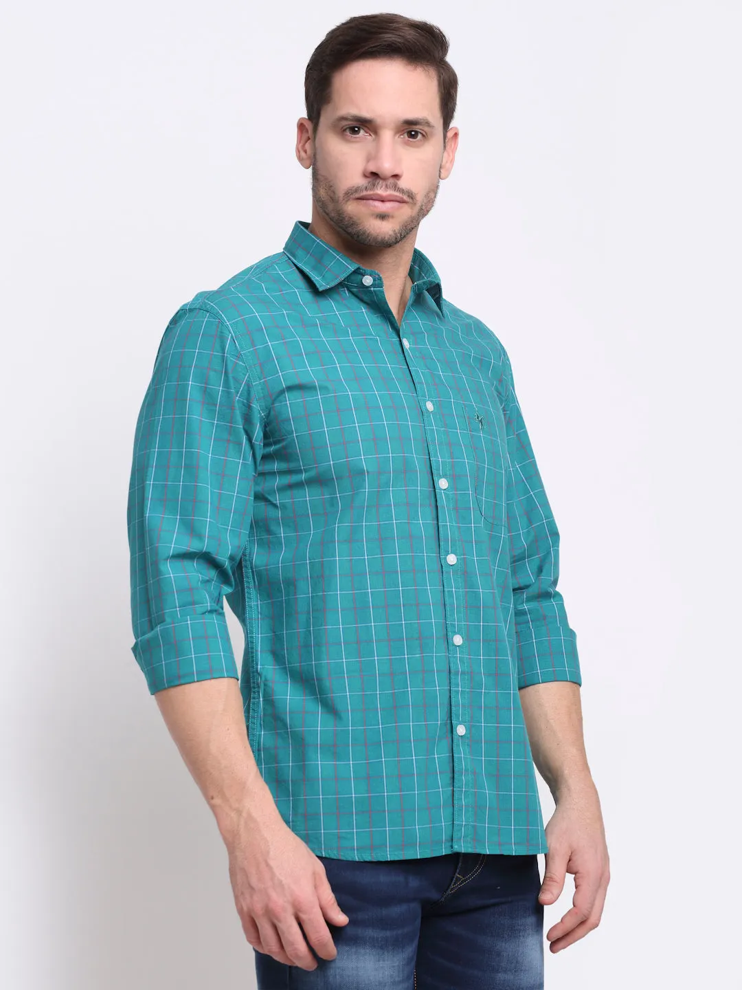 Men Cotton Checkered Green Full Sleeve Casual Shirt for Men with Pocket