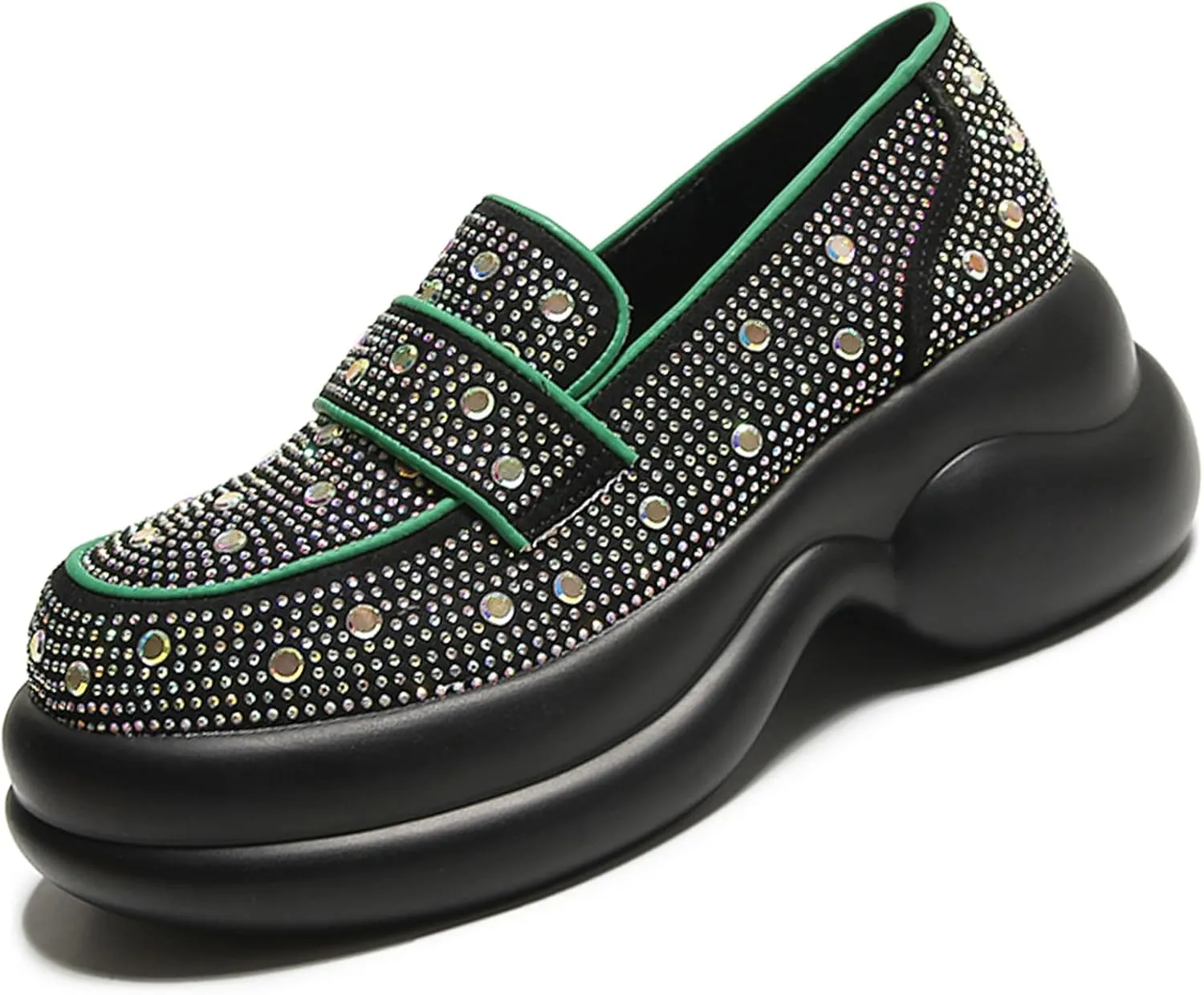 Optigard Women's Rhinestone Glitter Platform Loafers,Comfort Low Top Slip-On Shallow Mouth Bling Casual Flat Walking Sneakers Fashion Dresses Shoes