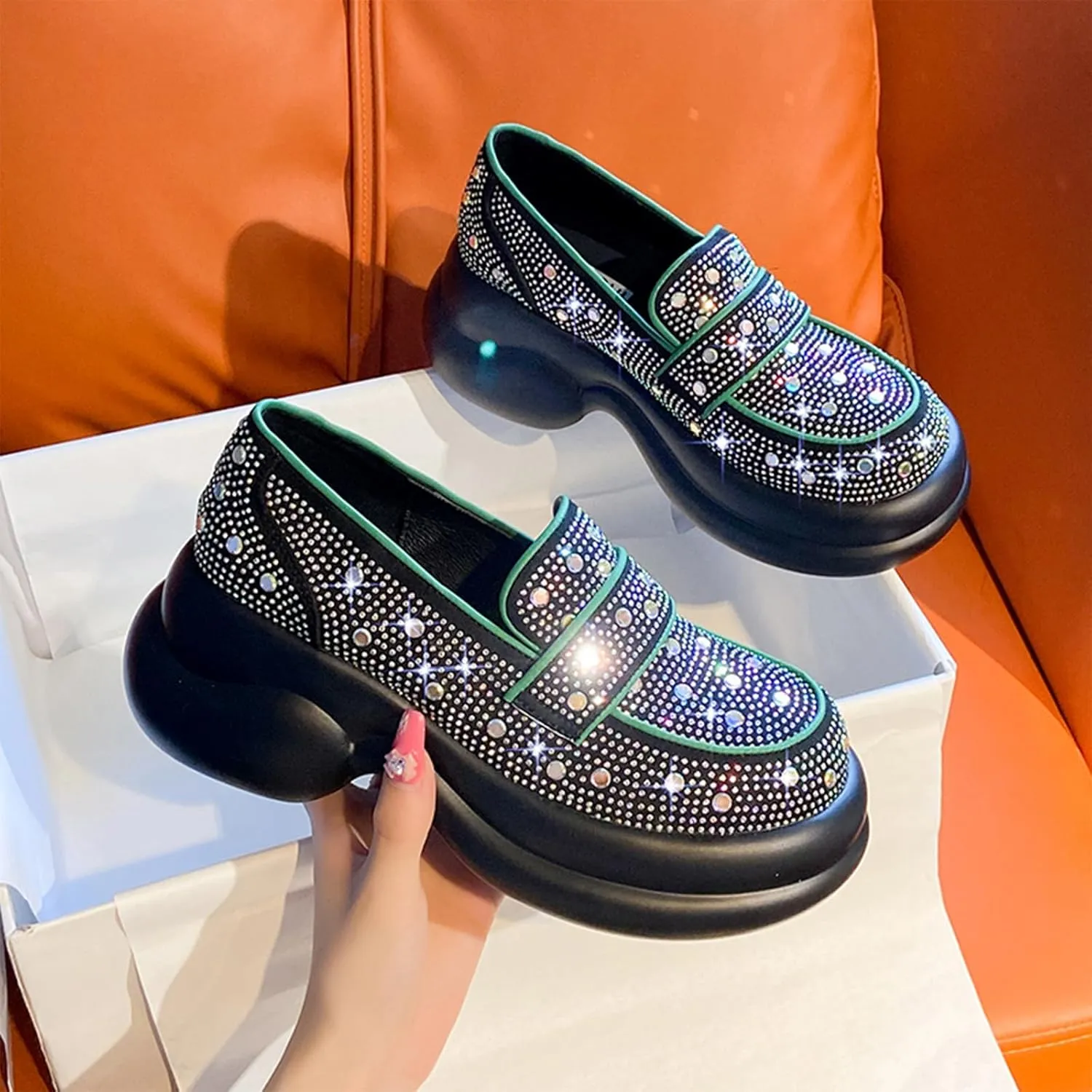 Optigard Women's Rhinestone Glitter Platform Loafers,Comfort Low Top Slip-On Shallow Mouth Bling Casual Flat Walking Sneakers Fashion Dresses Shoes