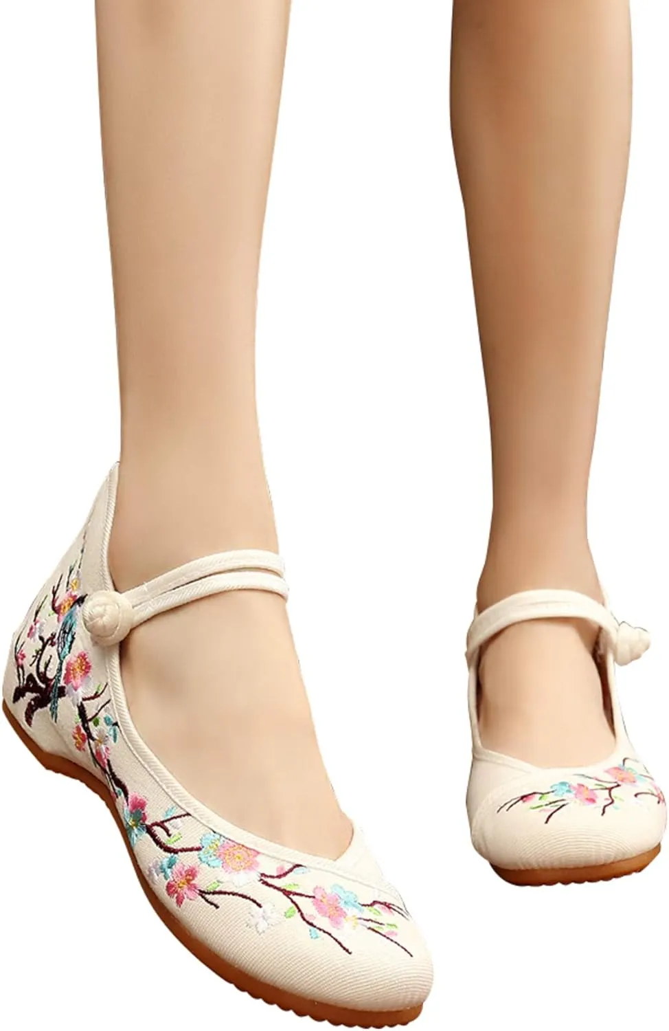 TN TANGNEST Women's Floral Embroidered Vintange Buckle Flat Shoes Round Toe Dress Mary Jane Shoes