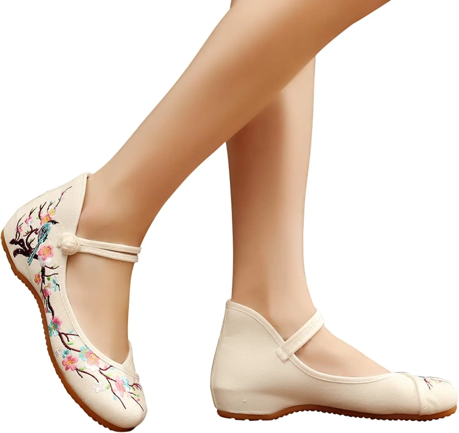 TN TANGNEST Women's Floral Embroidered Vintange Buckle Flat Shoes Round Toe Dress Mary Jane Shoes
