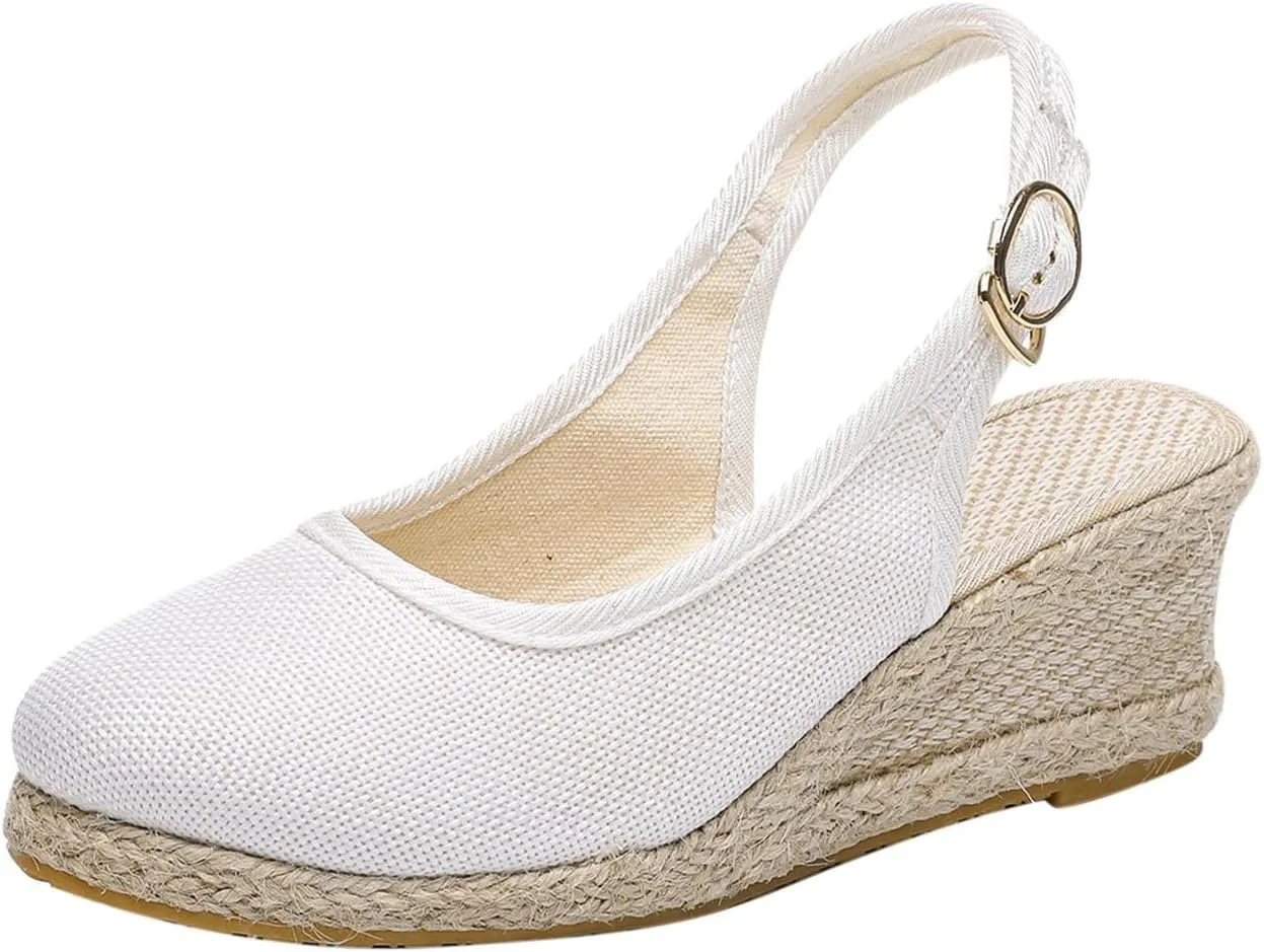 Women's Wedges Casual Canvas Dressy Slippers Summer Light Comfy Cushioning Sandals Fashion High Heels Linen Straw