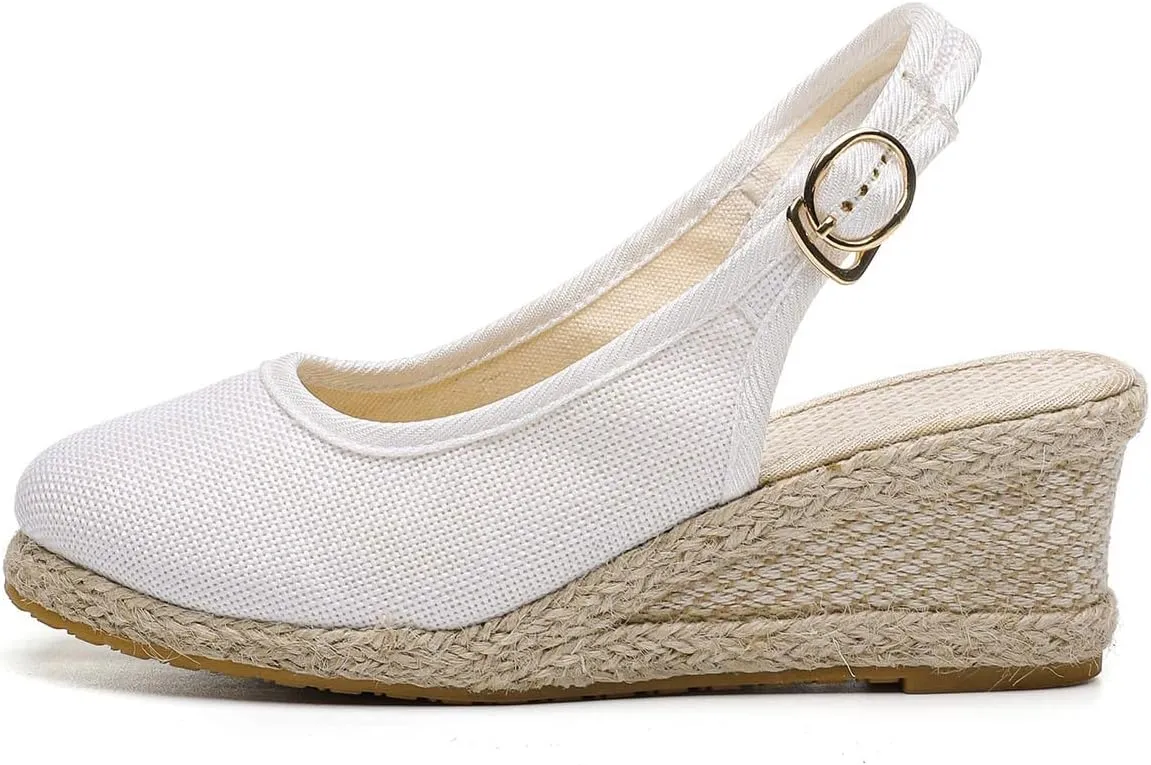 Women's Wedges Casual Canvas Dressy Slippers Summer Light Comfy Cushioning Sandals Fashion High Heels Linen Straw