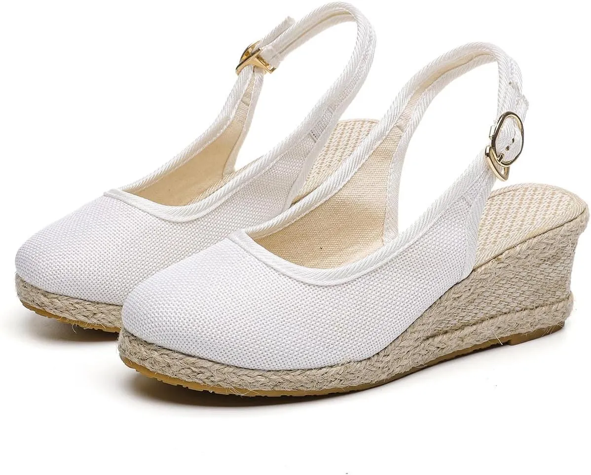 Women's Wedges Casual Canvas Dressy Slippers Summer Light Comfy Cushioning Sandals Fashion High Heels Linen Straw