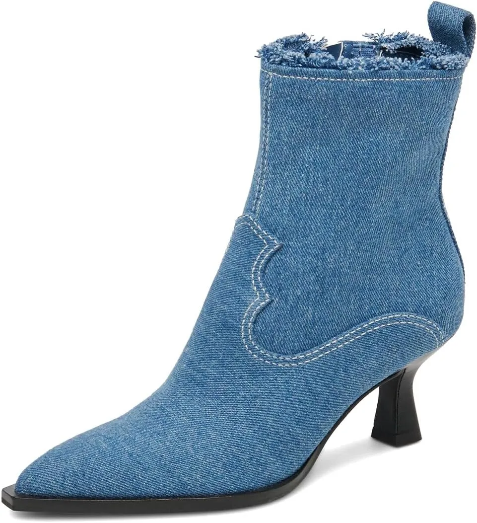 XYD Women Denim Boots Pointed Toe Side Zipper Ankle Booties Kitten Low Heels Dress Casual Party Shoes